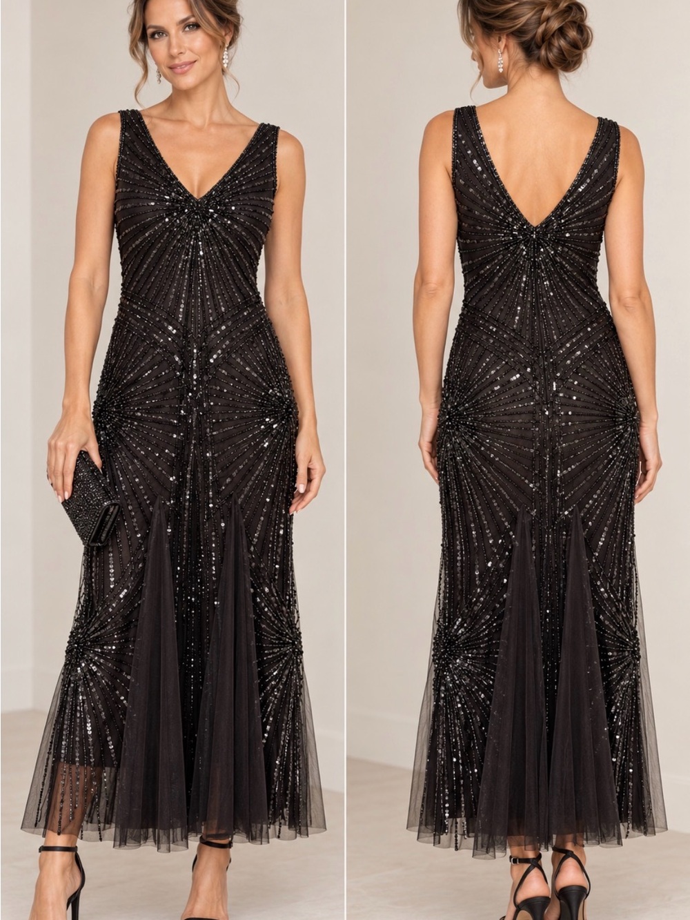 Pisarro Nights Black Beaded Sequin Art Deco Evening Dress Size 12(missing beads)